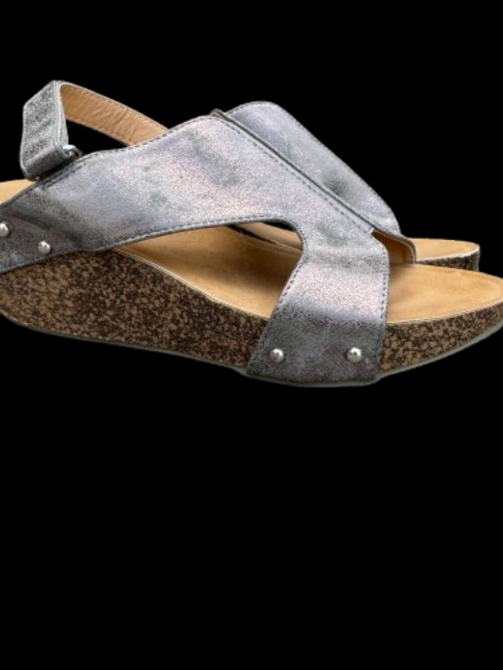 YOKI Cork Wedge Sandals Size 9 Crackle Metallic Pewter Gray